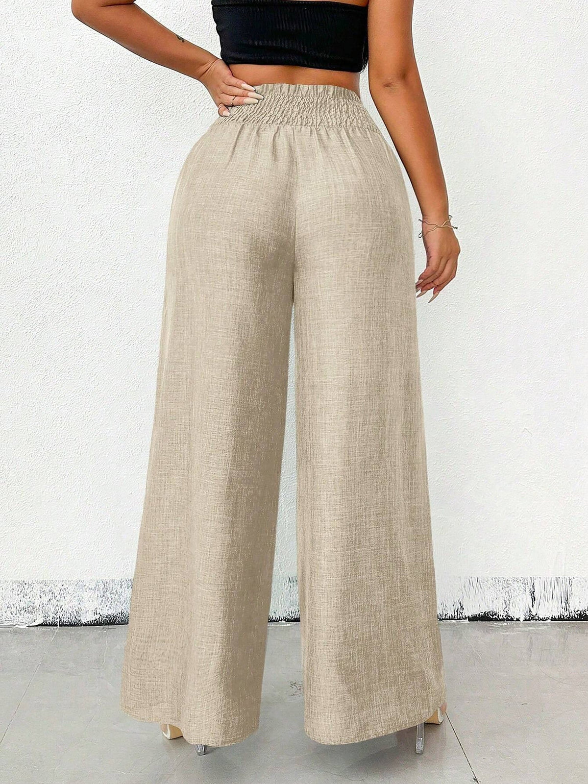 Smocked Elastic Waist Wide Leg Trousers Pants