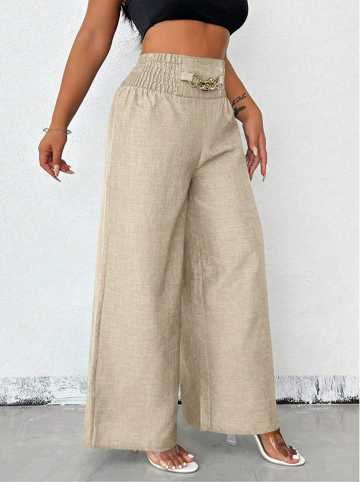 Smocked Elastic Waist Wide Leg Trousers Pants