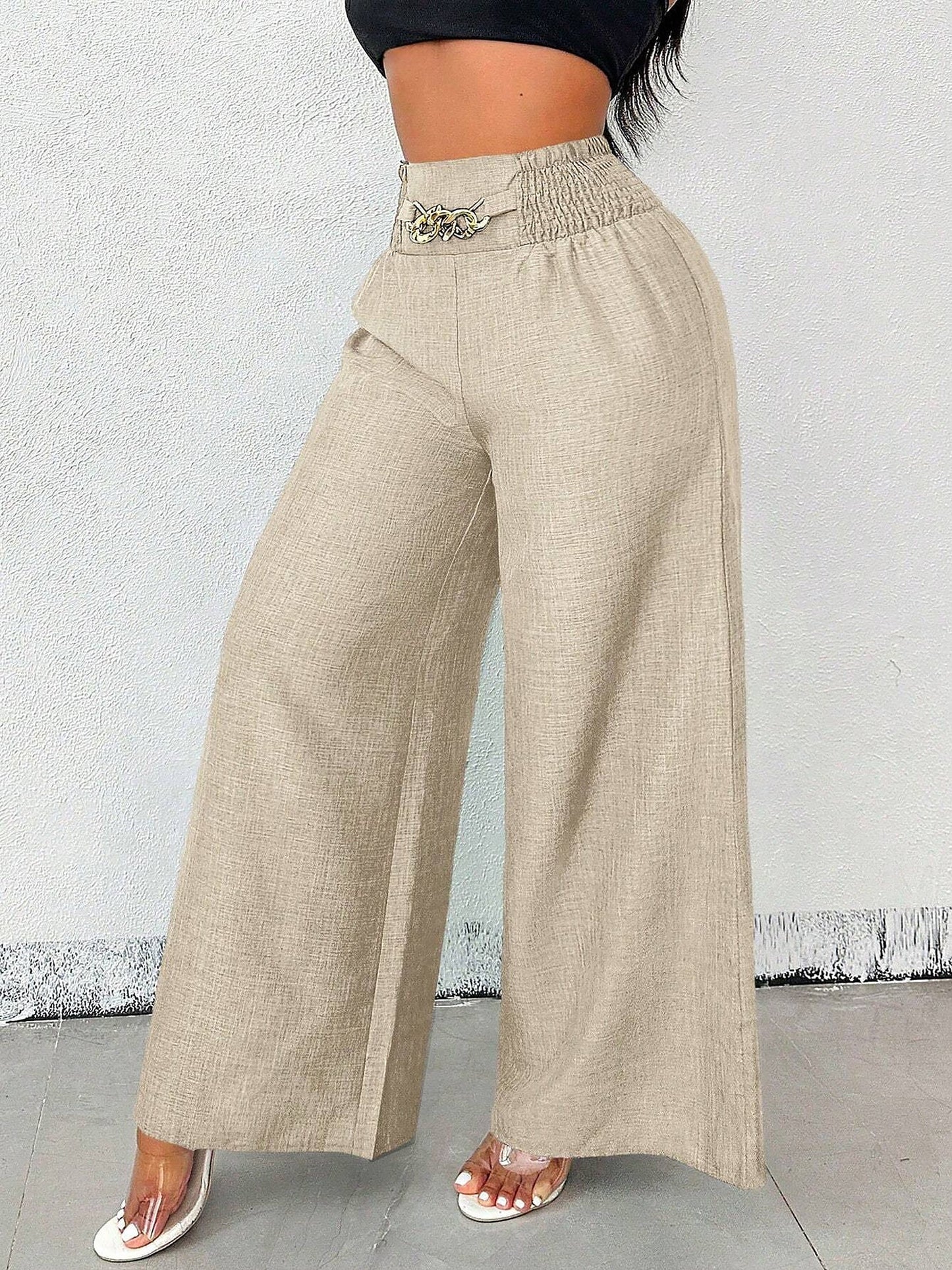 Smocked Elastic Waist Wide Leg Trousers Pants