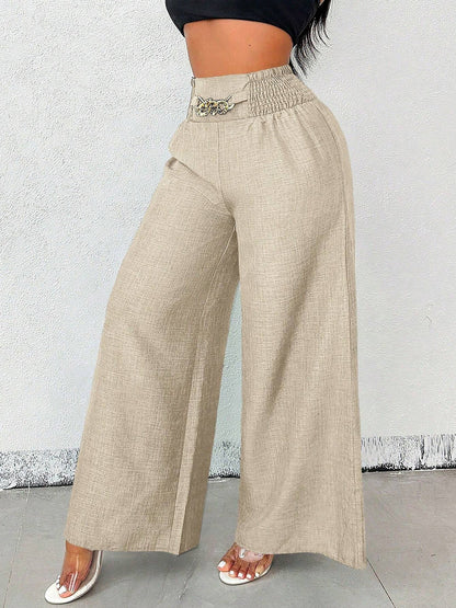 Smocked Elastic Waist Wide Leg Trousers Pants