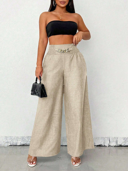 Smocked Elastic Waist Wide Leg Trousers Pants
