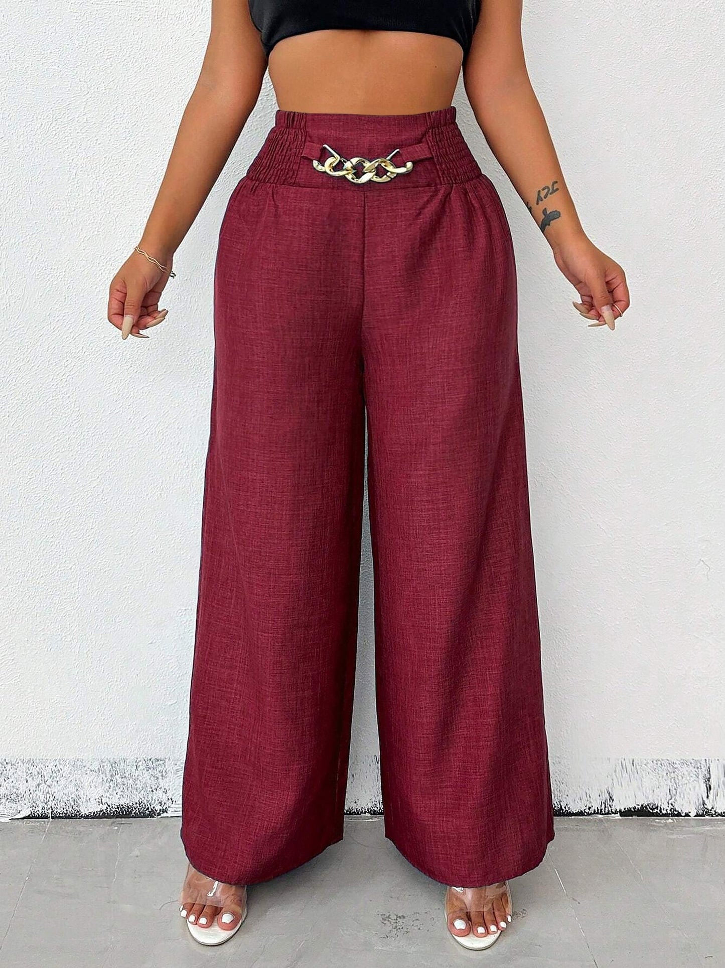 Smocked Elastic Waist Wide Leg Trousers Pants