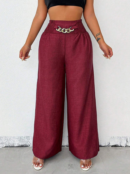 Smocked Elastic Waist Wide Leg Trousers Pants