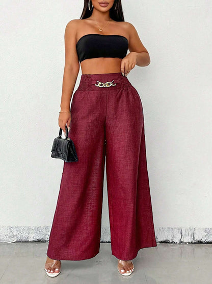 Smocked Elastic Waist Wide Leg Trousers Pants