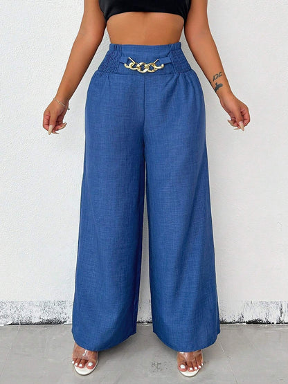 Smocked Elastic Waist Wide Leg Trousers Pants