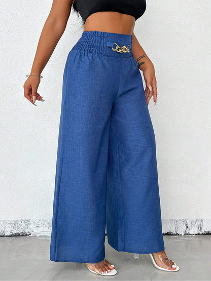 Smocked Elastic Waist Wide Leg Trousers Pants