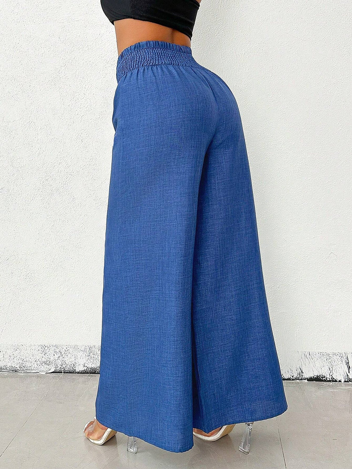 Smocked Elastic Waist Wide Leg Trousers Pants