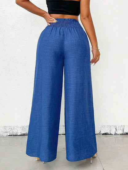 Smocked Elastic Waist Wide Leg Trousers Pants