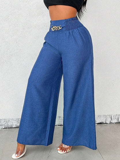 Smocked Elastic Waist Wide Leg Trousers Pants