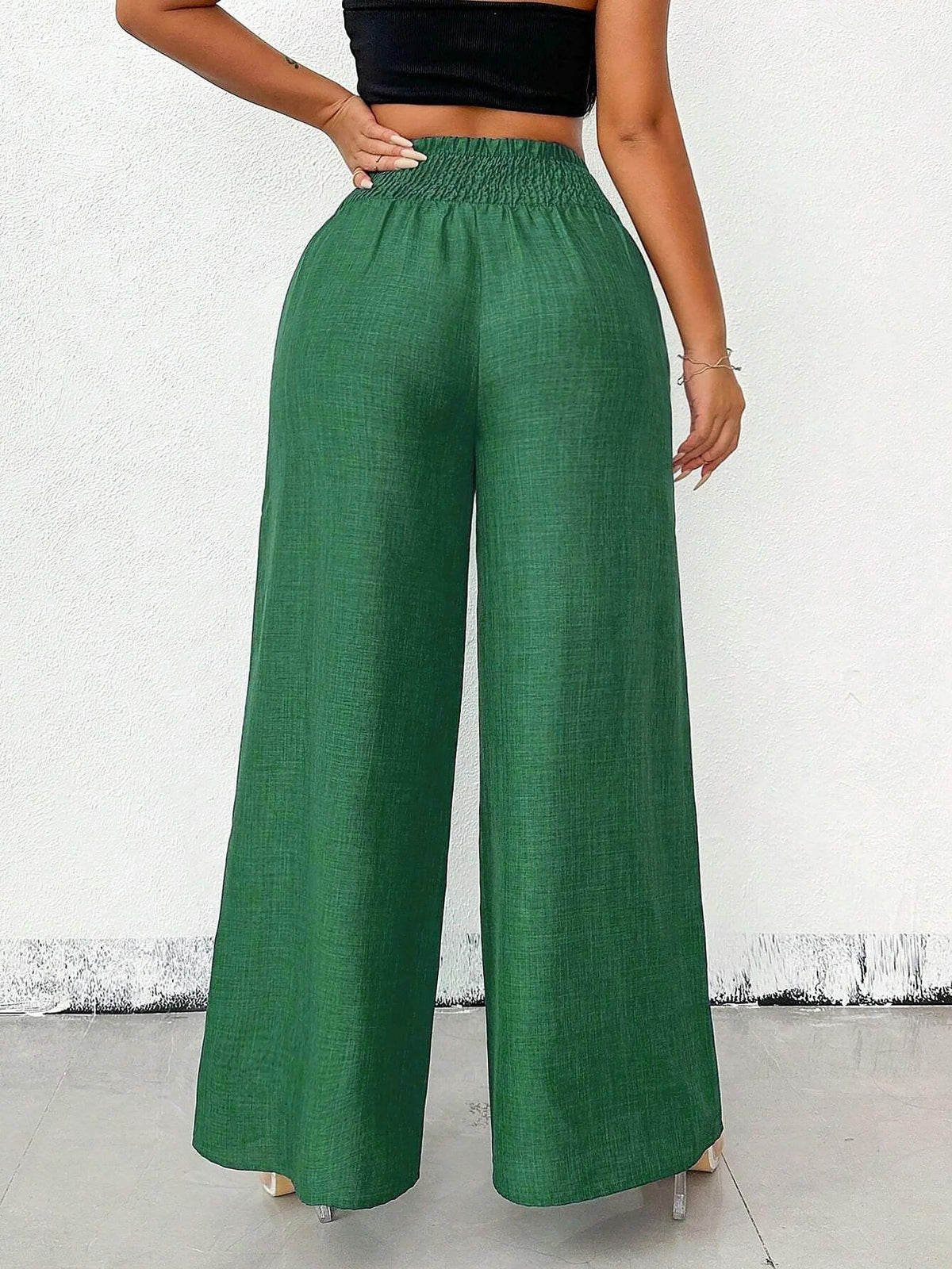Smocked Elastic Waist Wide Leg Trousers Pants