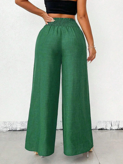 Smocked Elastic Waist Wide Leg Trousers Pants