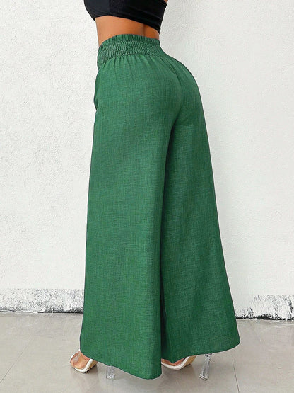 Smocked Elastic Waist Wide Leg Trousers Pants