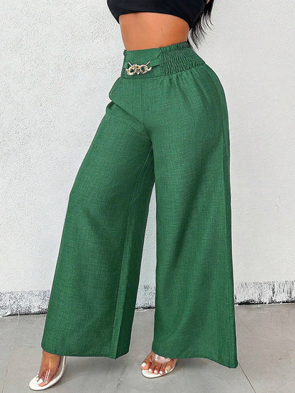 Smocked Elastic Waist Wide Leg Trousers Pants