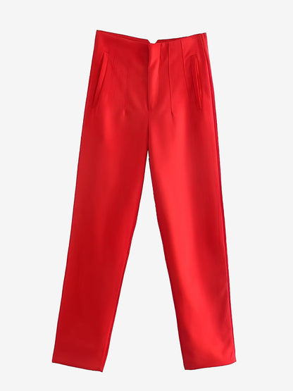 Slim Fit Solid Color Pleated Straight Leg Casual Pants