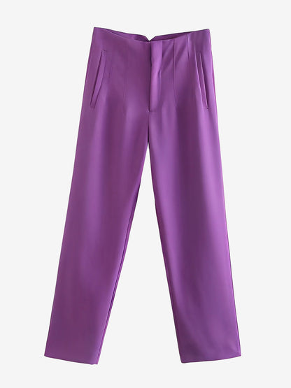 Slim Fit Solid Color Pleated Straight Leg Casual Pants