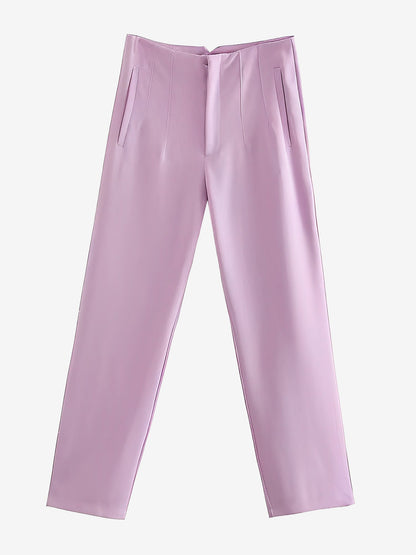 Tailored Cotton Solid Color Slim Fit Pleated Straight Leg Casual Office Pants