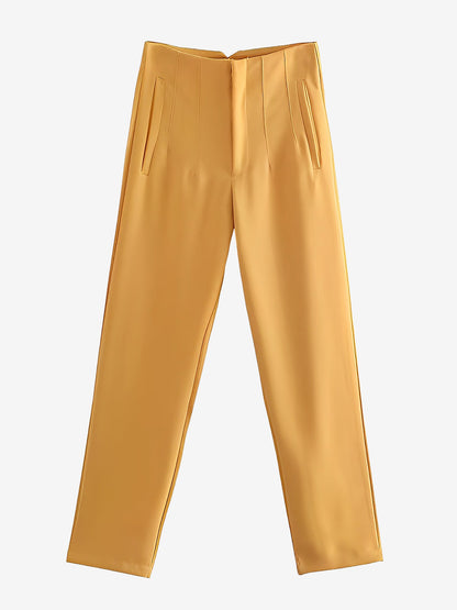 Slim Fit Solid Color Pleated Straight Leg Casual Pants