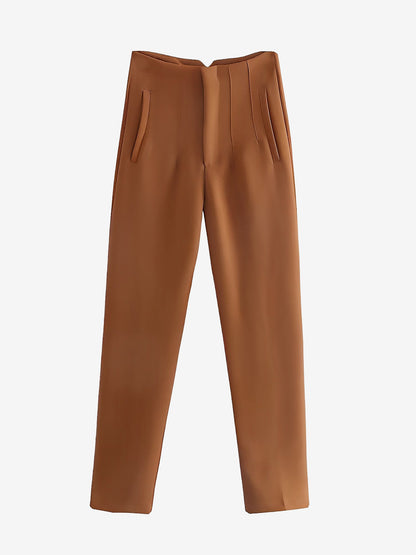 Slim Fit Solid Color Pleated Straight Leg Casual Pants