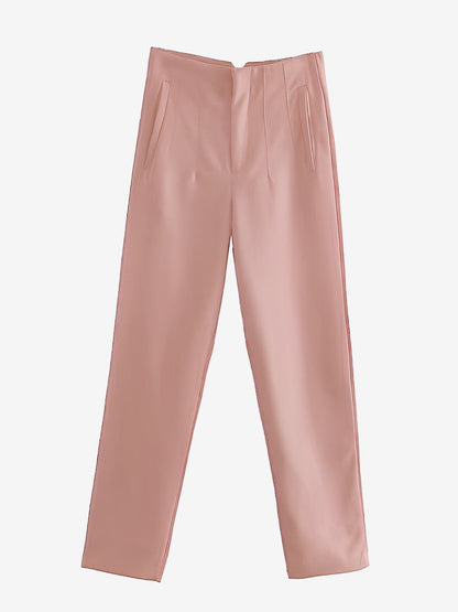 Slim Fit Solid Color Pleated Straight Leg Casual Pants