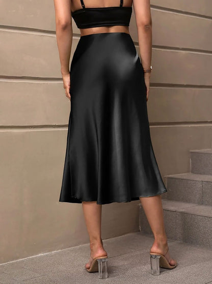 Solid Color Satin Fishtail Midi Skirt