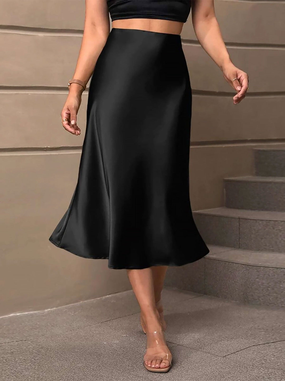 Solid Color Satin Fishtail Midi Skirt