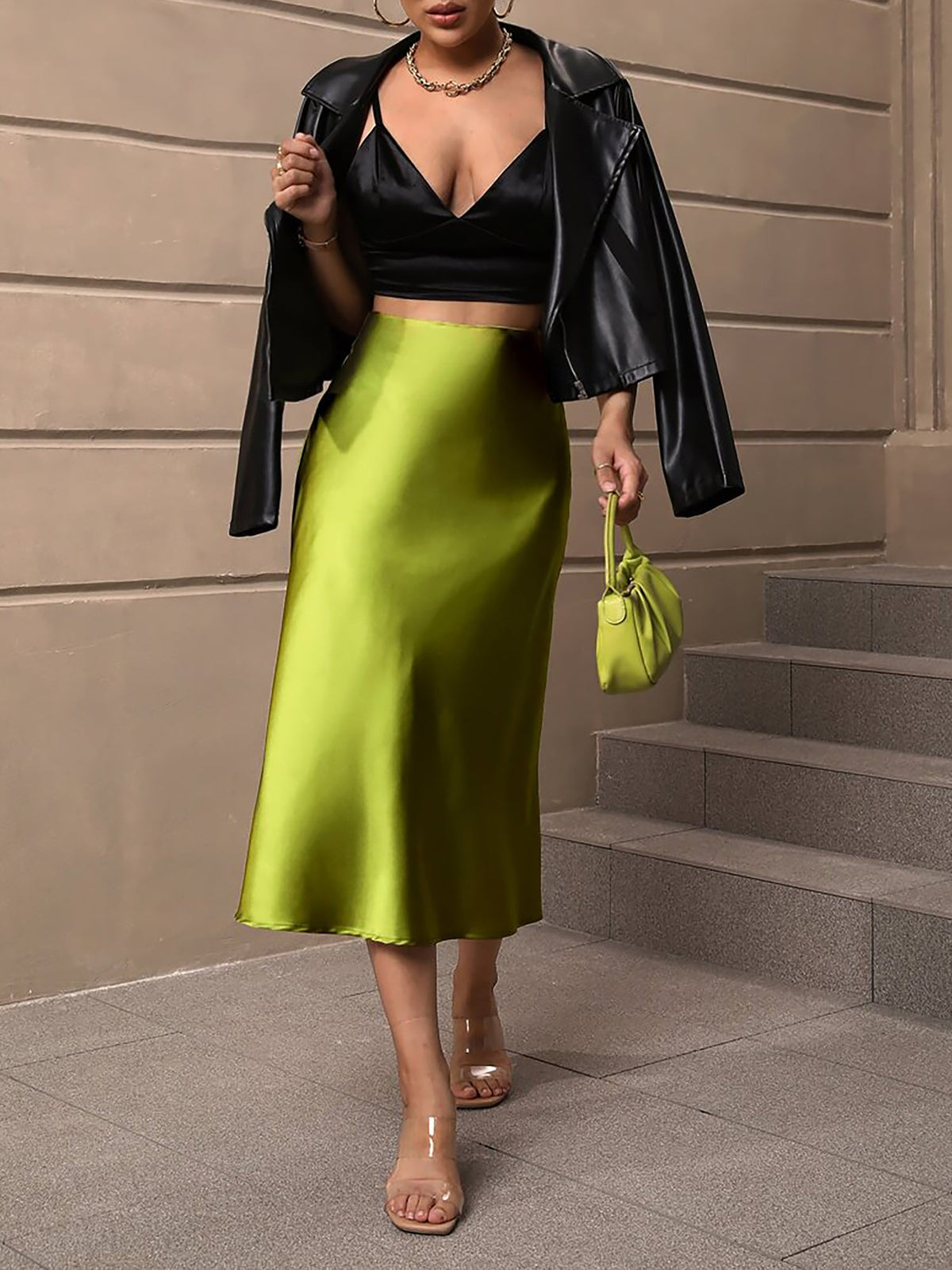 Solid Color Satin Fishtail Midi Skirt