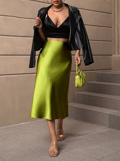 Solid Color Satin Fishtail Midi Skirt