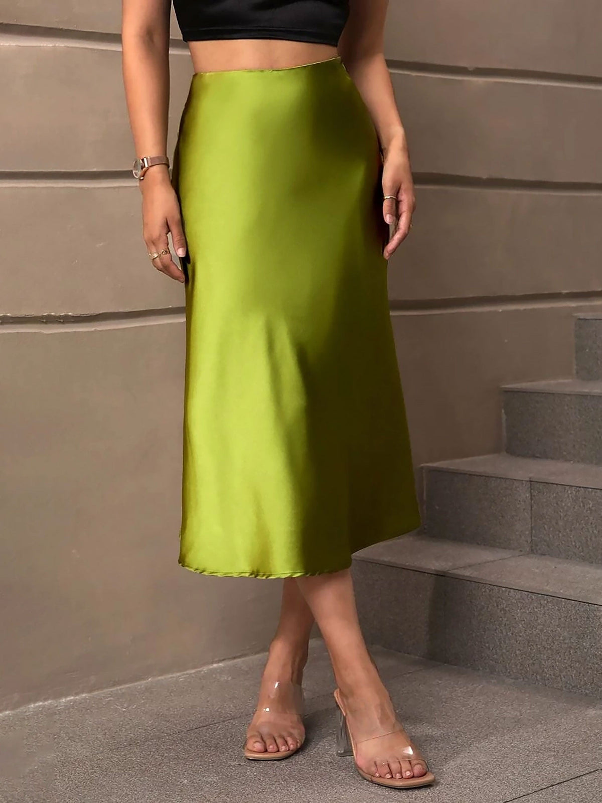 Solid Color Satin Fishtail Midi Skirt