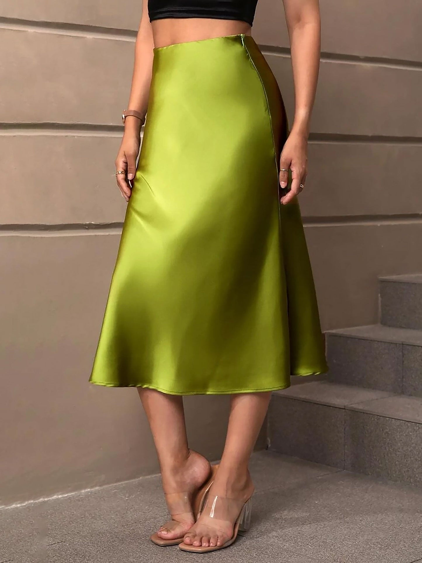 Solid Color Satin Fishtail Midi Skirt