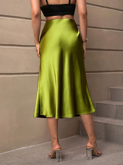 Solid Color Satin Fishtail Midi Skirt