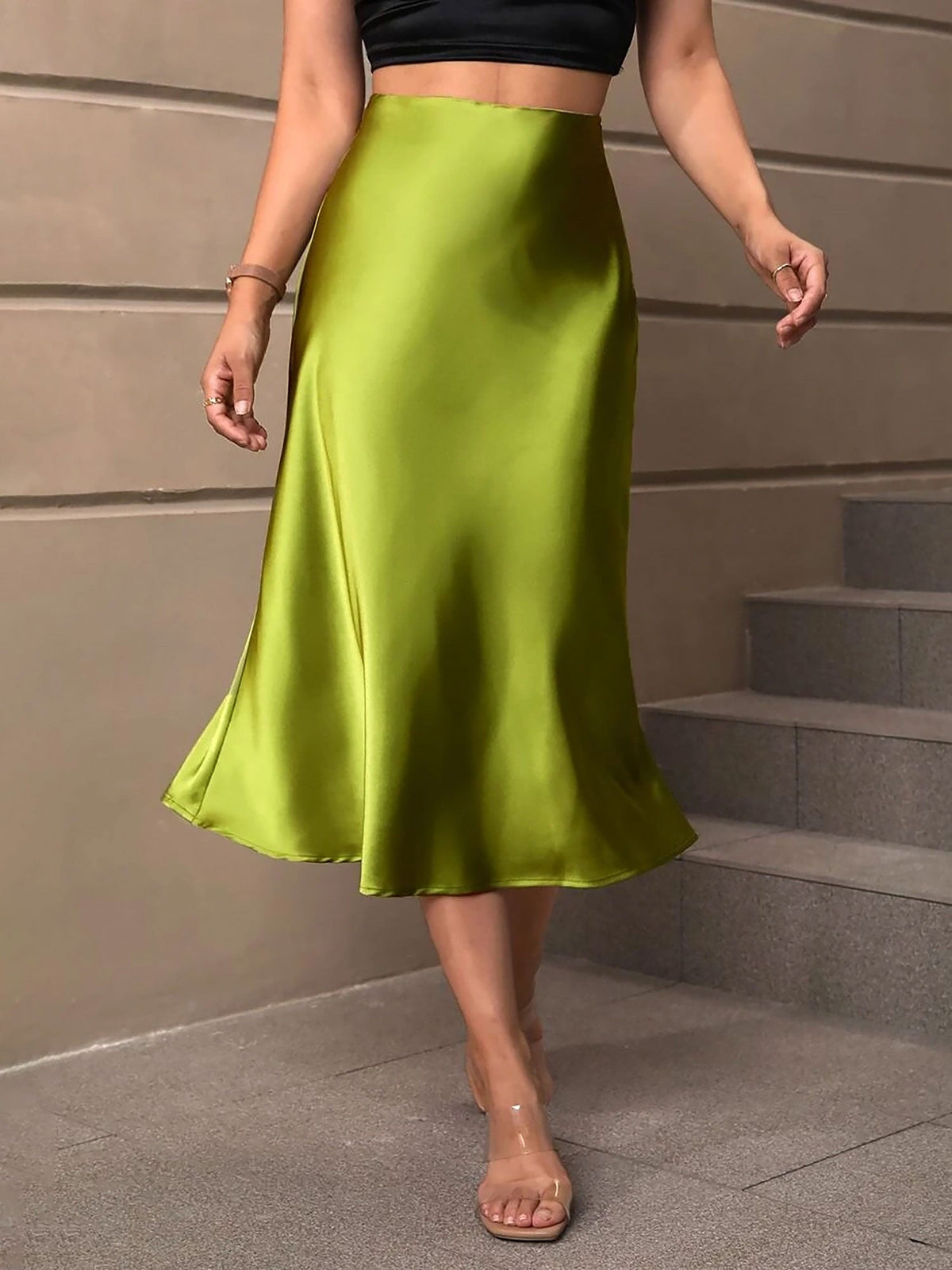 Solid Color Satin Fishtail Midi Skirt