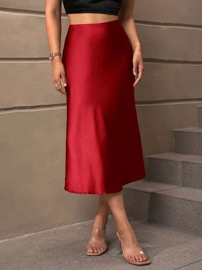 Solid Color Satin Fishtail Midi Skirt
