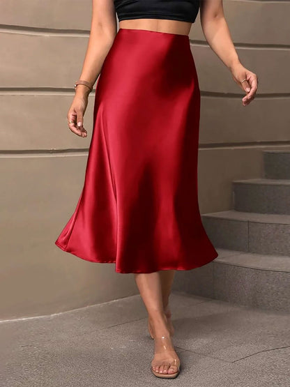 Solid Color Satin Fishtail Midi Skirt