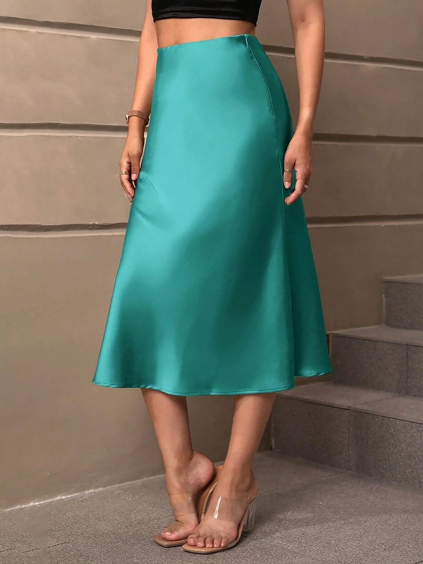 Solid Color Satin Fishtail Midi Skirt