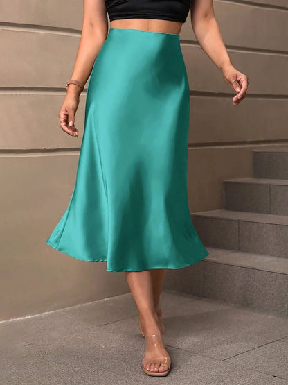Solid Color Satin Fishtail Midi Skirt
