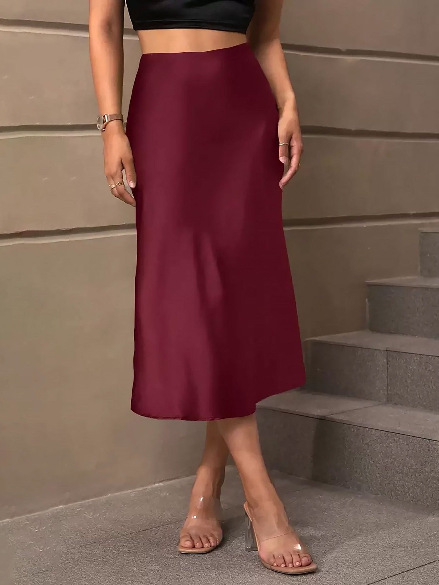 Solid Color Satin Fishtail Midi Skirt