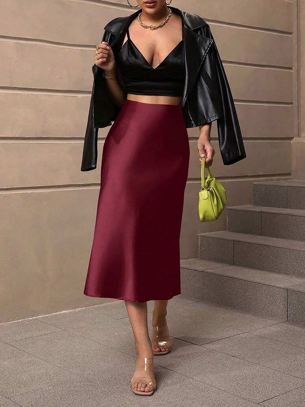 Solid Color Satin Fishtail Midi Skirt