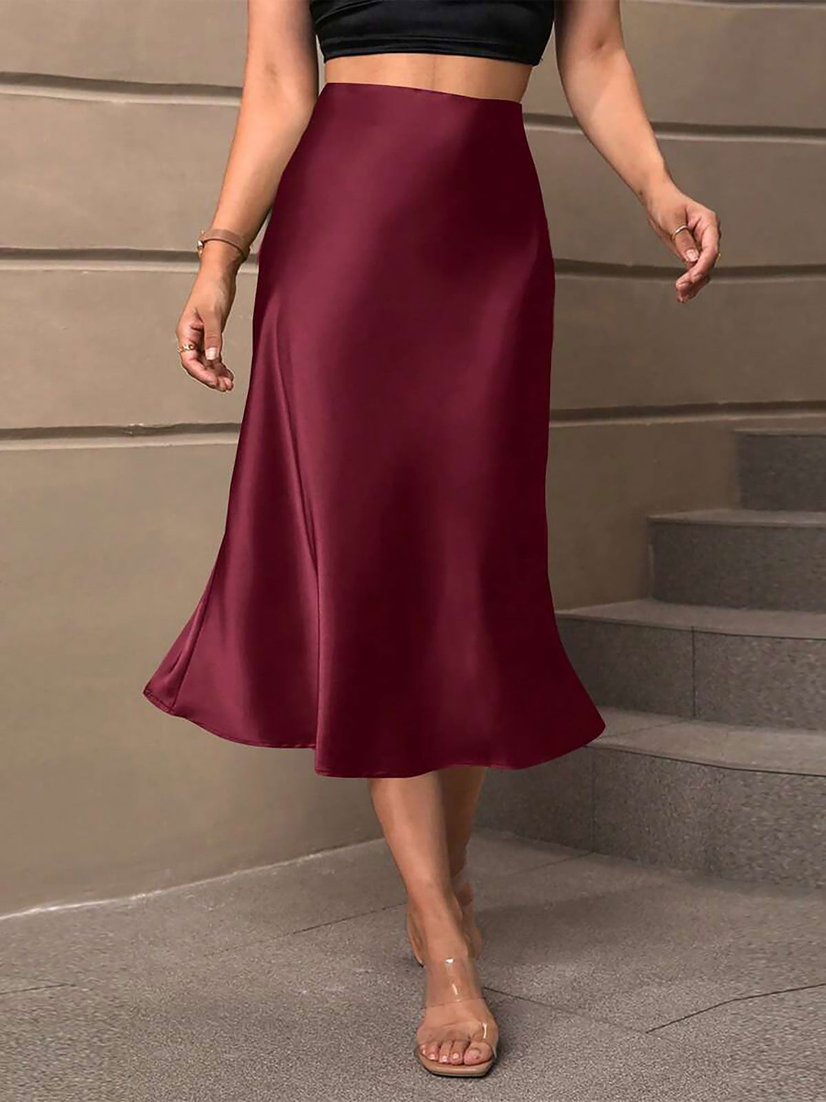 Solid Color Satin Fishtail Midi Skirt