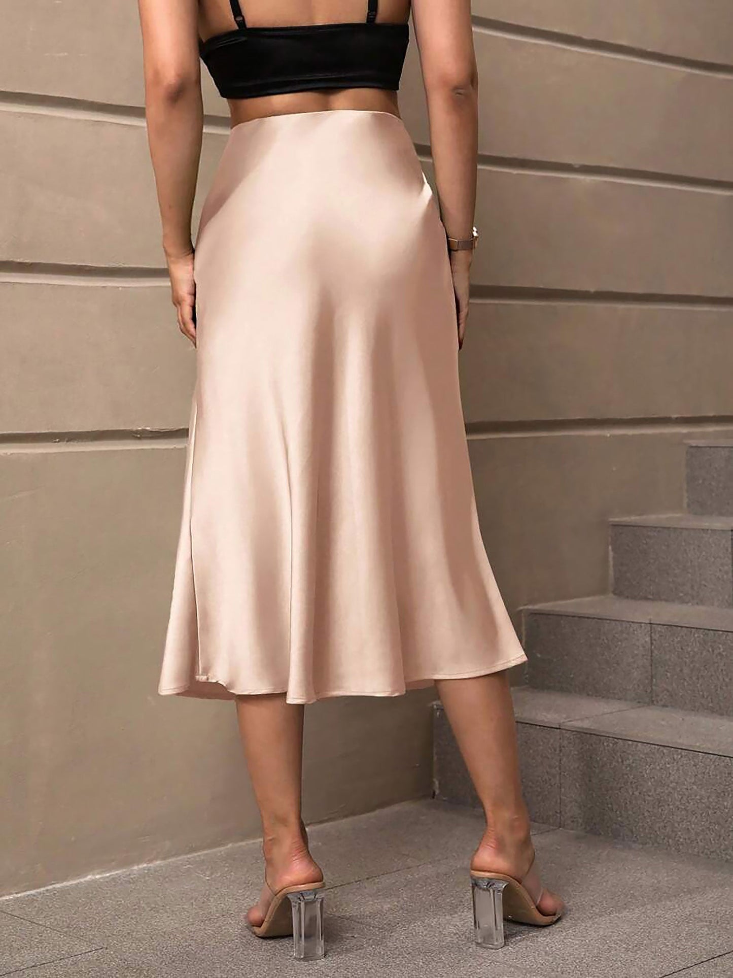 Solid Color Satin Fishtail Midi Skirt