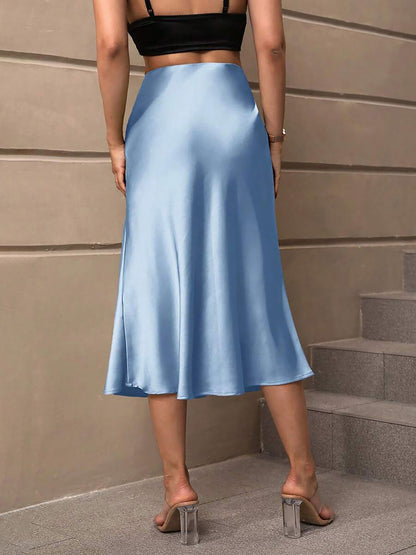 Solid Color Satin Fishtail Midi Skirt