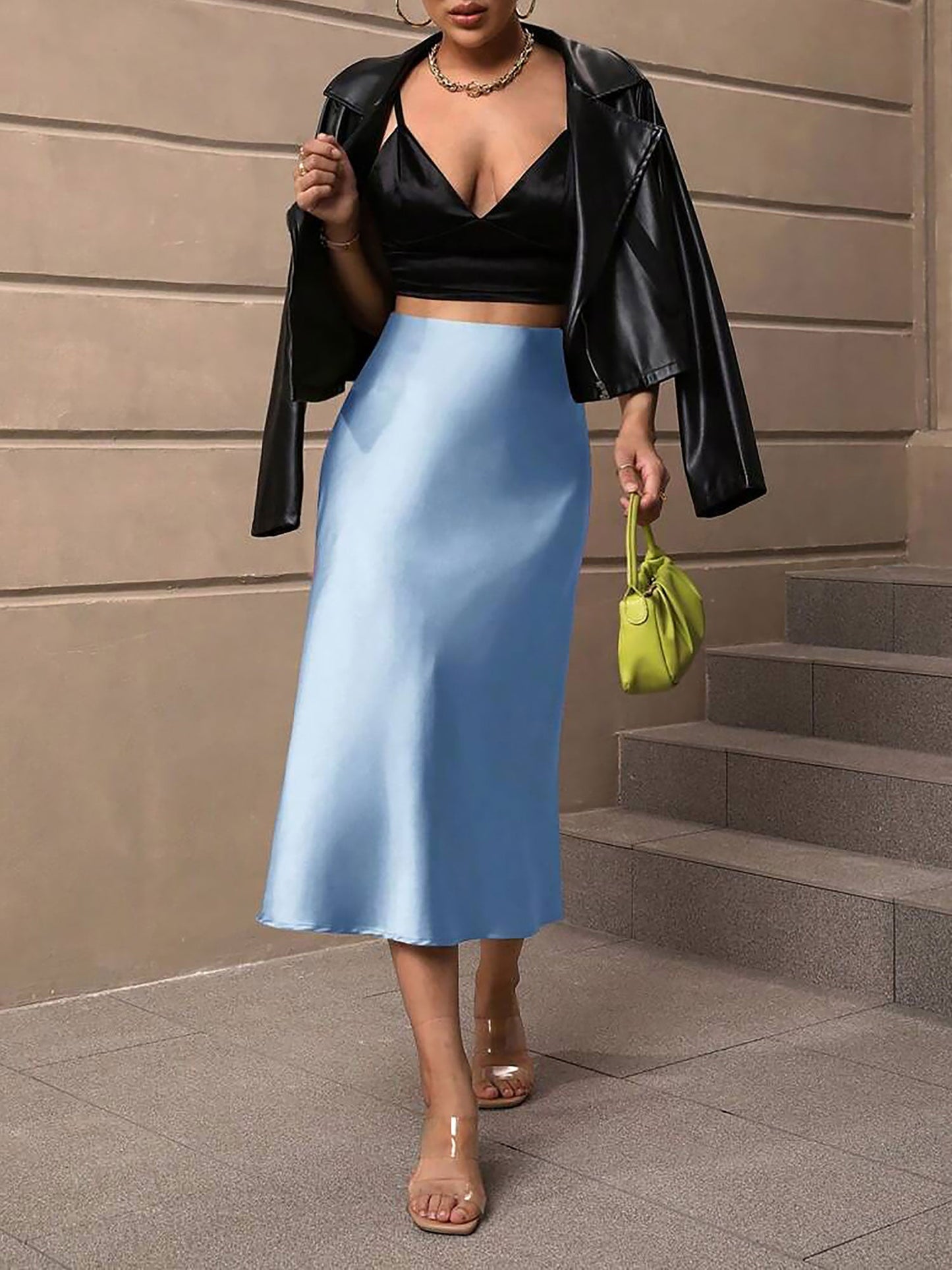 Solid Color Satin Fishtail Midi Skirt