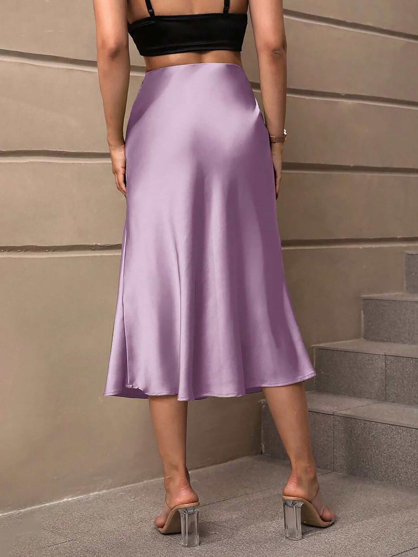 Solid Color Satin Fishtail Midi Skirt
