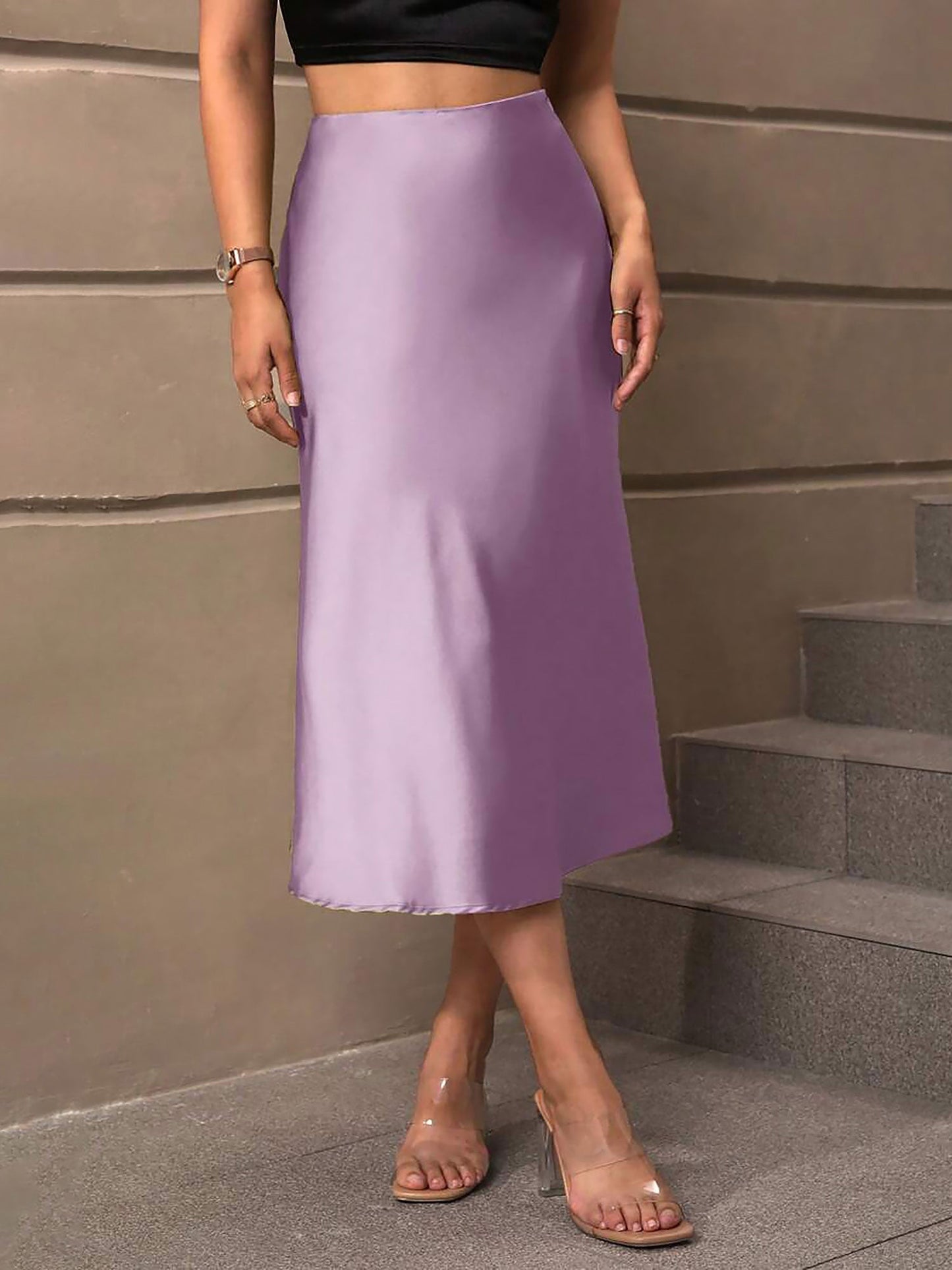 Solid Color Satin Fishtail Midi Skirt