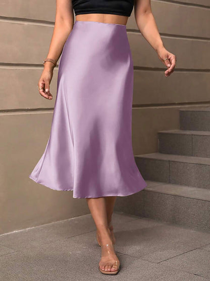 Solid Color Satin Fishtail Midi Skirt