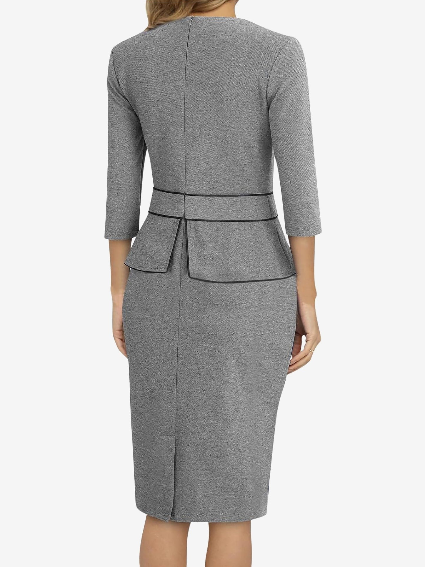 Classic Slim Sheath Silhouette Round Neck 3/4 Sleeves Midi Sheath Office Dress