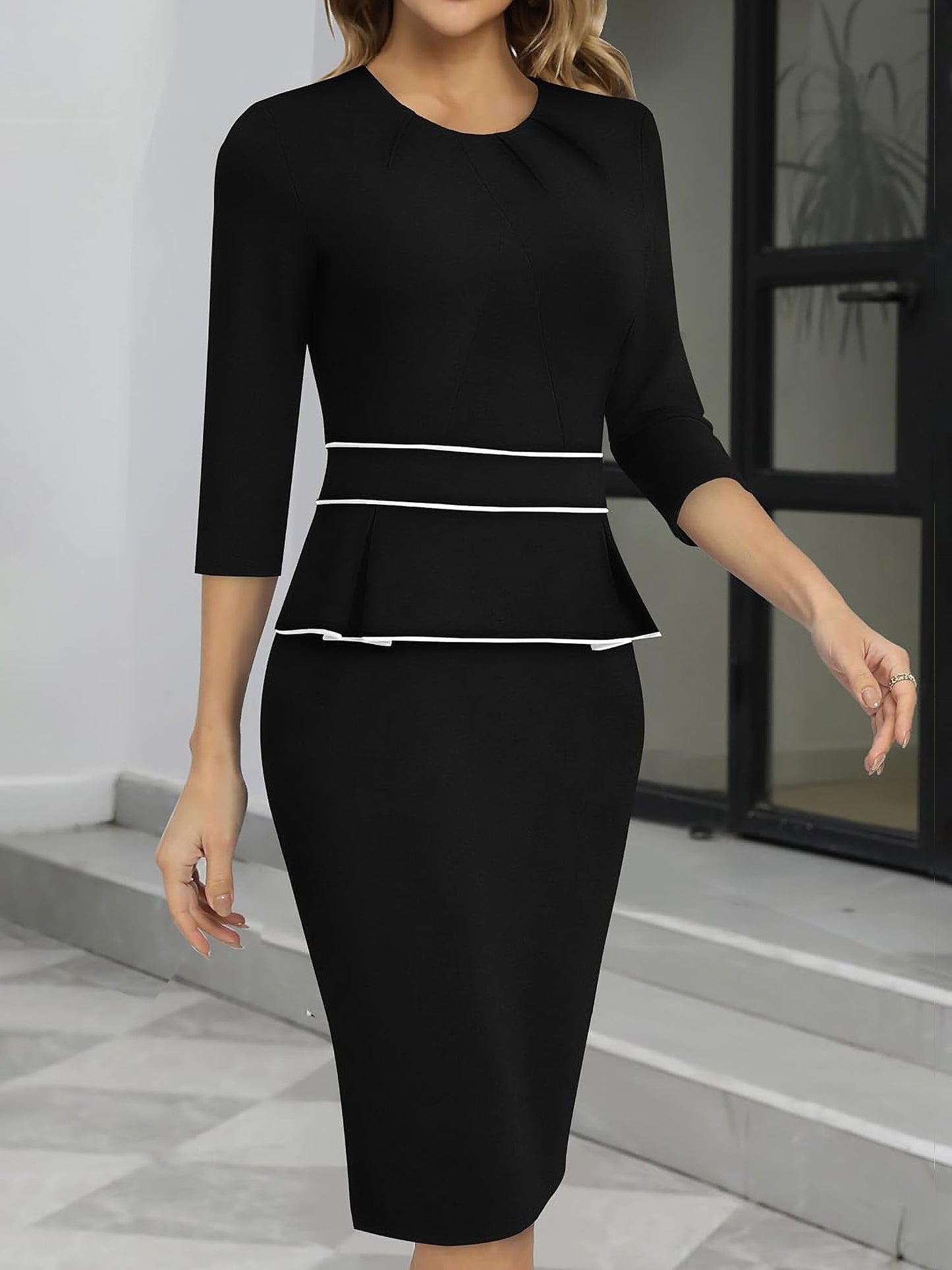 Classic Slim Sheath Silhouette Round Neck 3/4 Sleeves Midi Sheath Office Dress