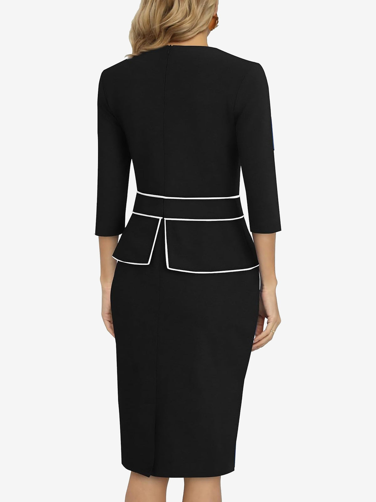 Classic Slim Sheath Silhouette Round Neck 3/4 Sleeves Midi Sheath Office Dress
