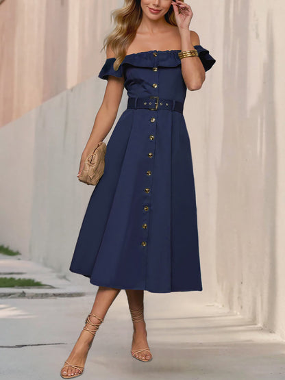 Off Shoulder Button Down Belted A-Line Dress