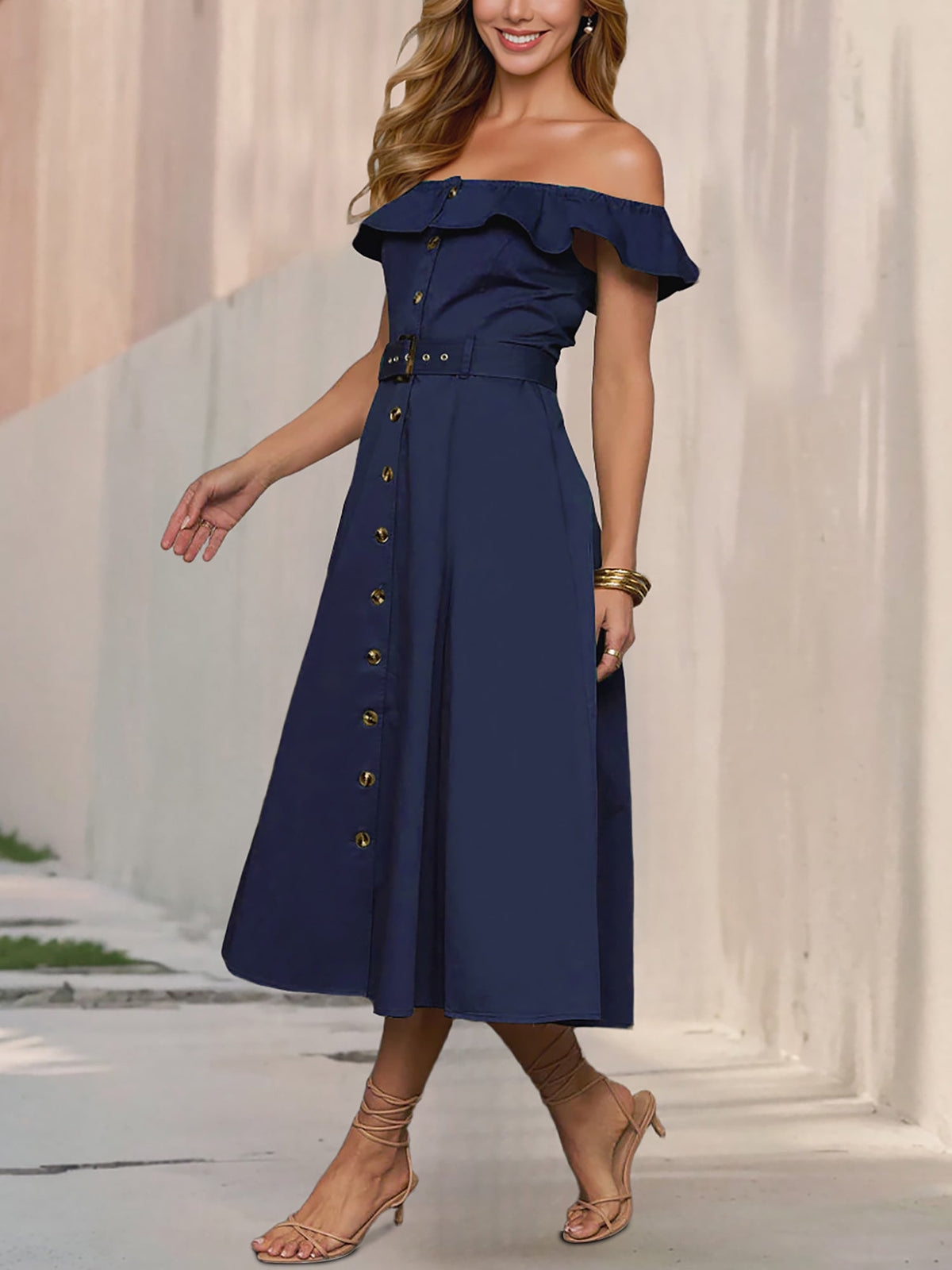 Off Shoulder Button Down Belted A-Line Dress