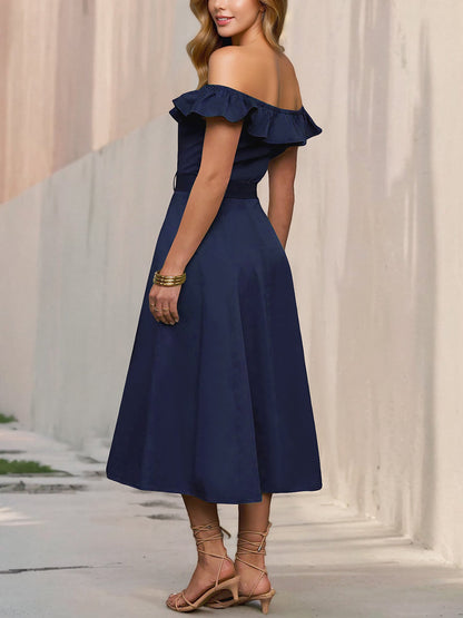 Off Shoulder Button Down Belted A-Line Dress